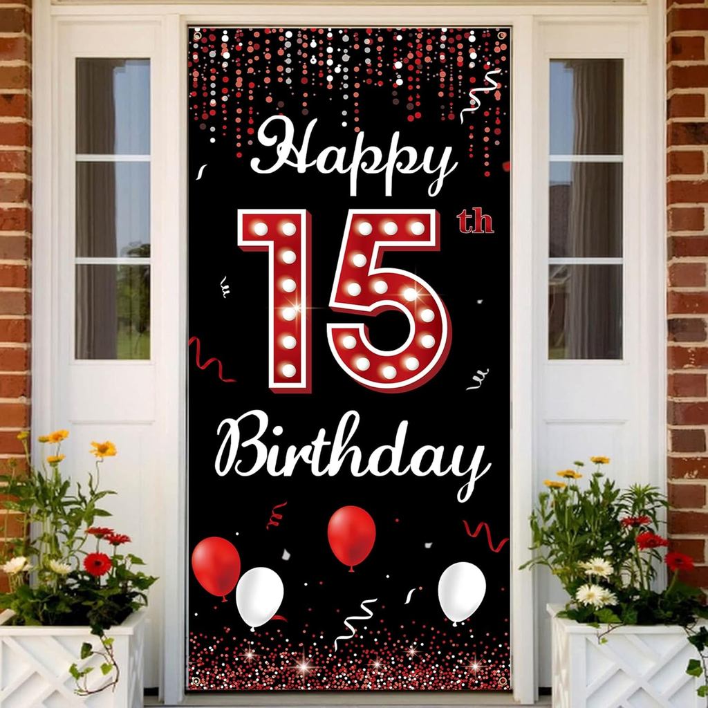15th Birthday Door Banner Backdrop, Happy 15th Birthday Decorations for Girls, Red Black 15 Year Old Birthday Party Phot