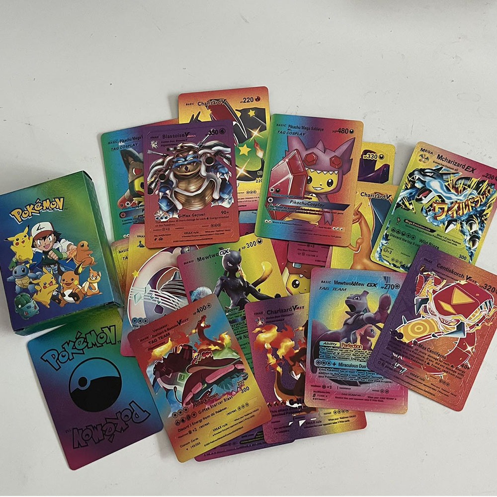 Nova coleção de 55 PCS de cartas Pokémon mais recentes com foil arco-íris, metal, dourado e prateado, incluindo