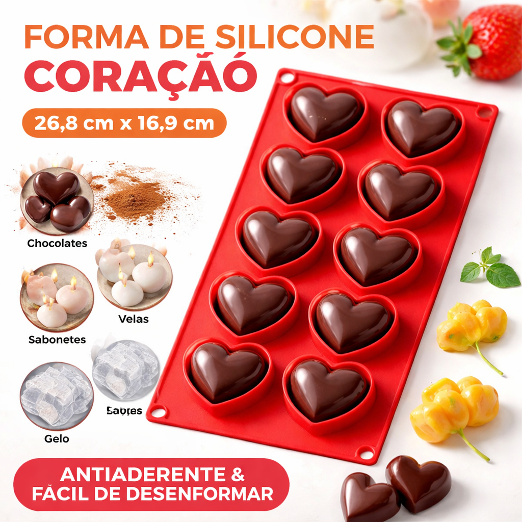 Forma de Silicone Coração 26cm Antiaderente Molde para Chocolate Gelatina Vela Gelo e Doces Sabonete