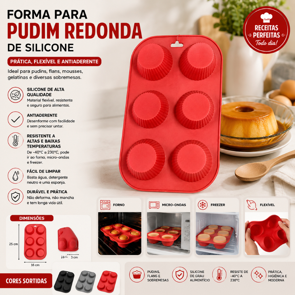 Forma Pudim Silicone Redonda Antiaderente Flexível Cozinha Prática Durável