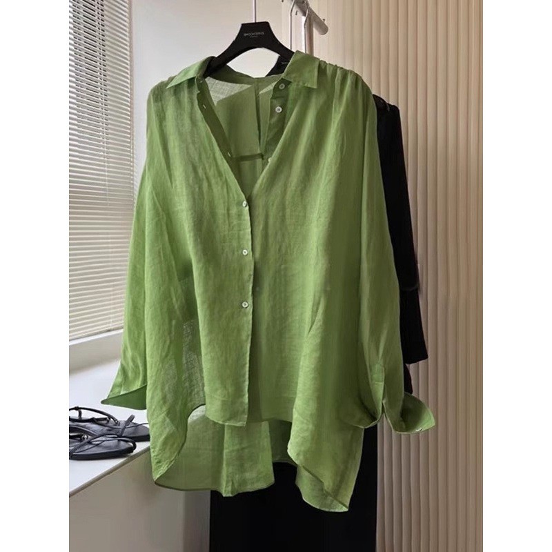 Elegant green cotton-linen shirt for women, summer thin loose casual linen shirt, long-sleeved sun protection top