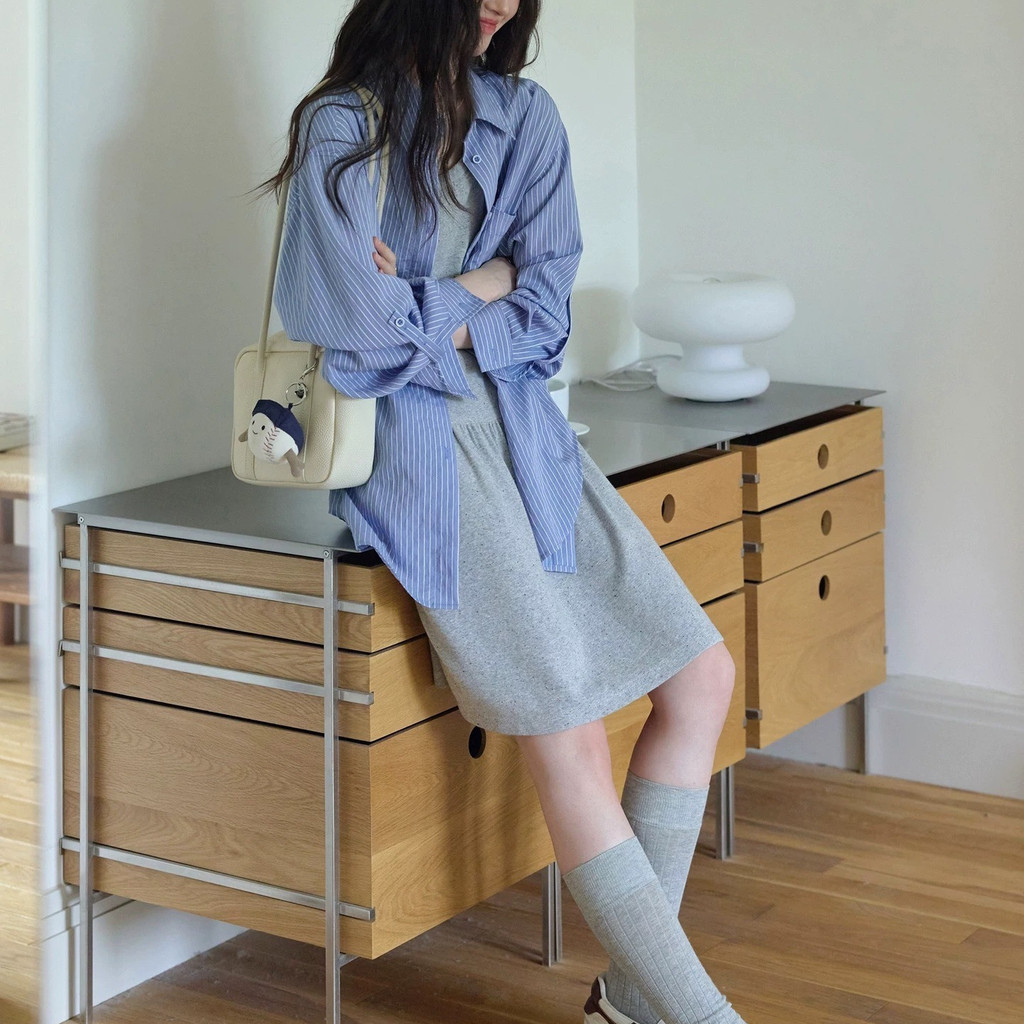 Intellectual style blue and white vertical striped long-sleeved shirt2025Early autumn loose-fitting slimming breathable