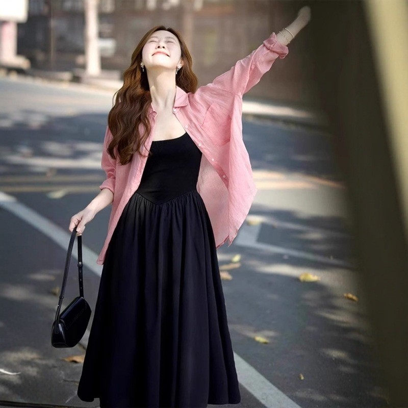 Pink long-sleeved linen shirt for women, summer loose-fitting, casual style, lightweight, sun-protective cotton-linen to