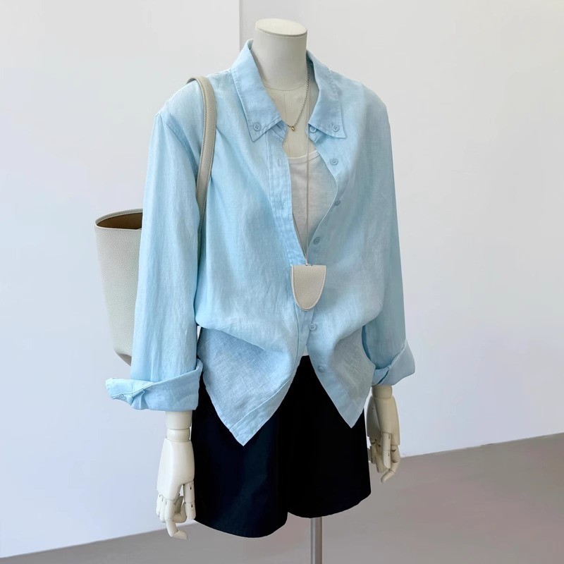 Light blue linen sun protection shirt for women, summer thin style, high-end, casual, relaxed, breathable, long-sleeved