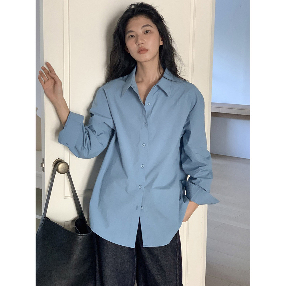 Blue long-sleeved shirt for women2026Spring new versatile loose vintage shirt