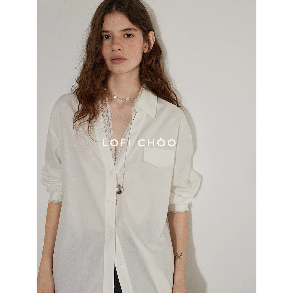 Elegant and sophisticated lace trim detailing V Collared shirt for women, new spring style, long-sleeved loose top