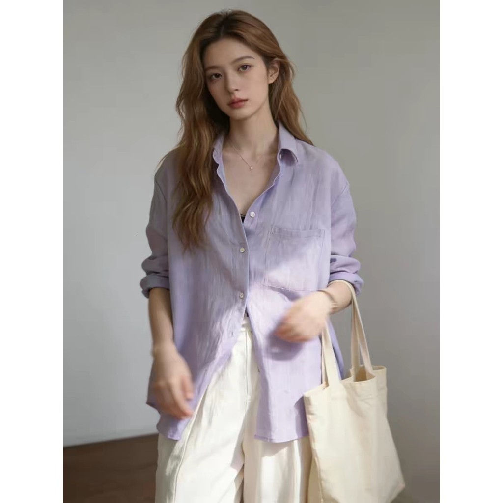 Gentle and casual light purple long-sleeved shirt for women in spring and summer2026Super stylish loose-fitting cotton-l