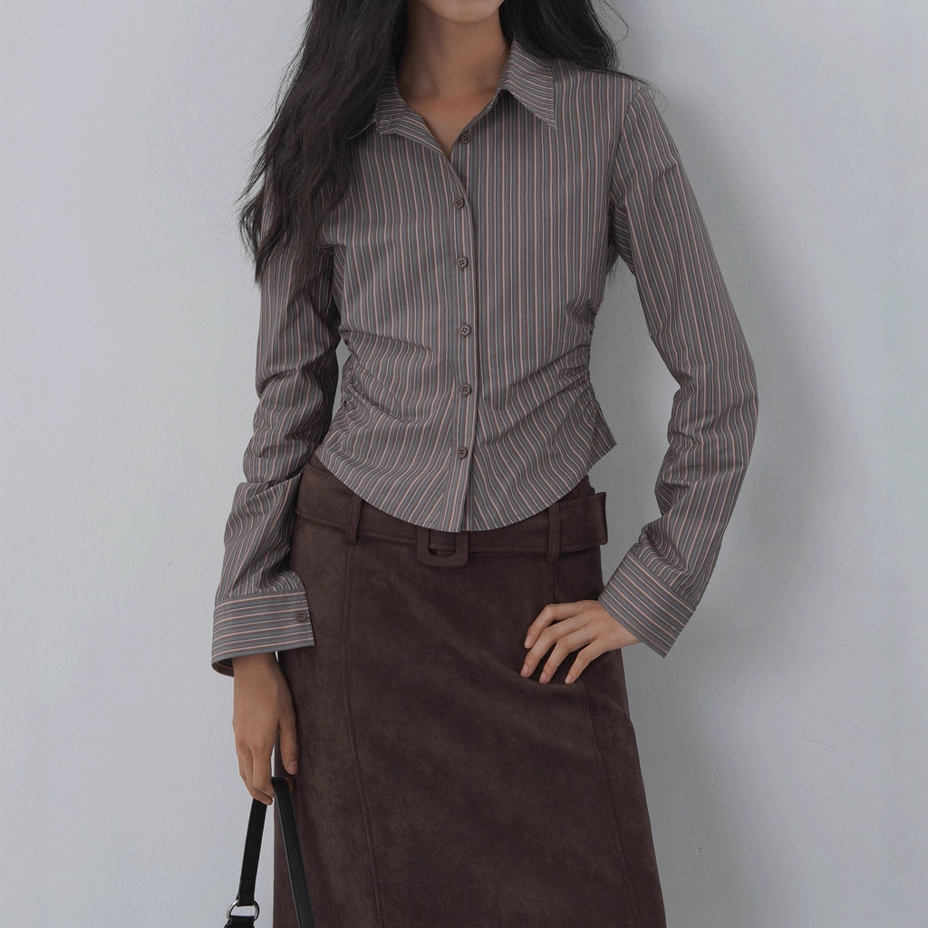 Early autumn vintage striped waist-cinching women's shirt, slim-fit, slimming, collared, long-sleeved, suitable for comm