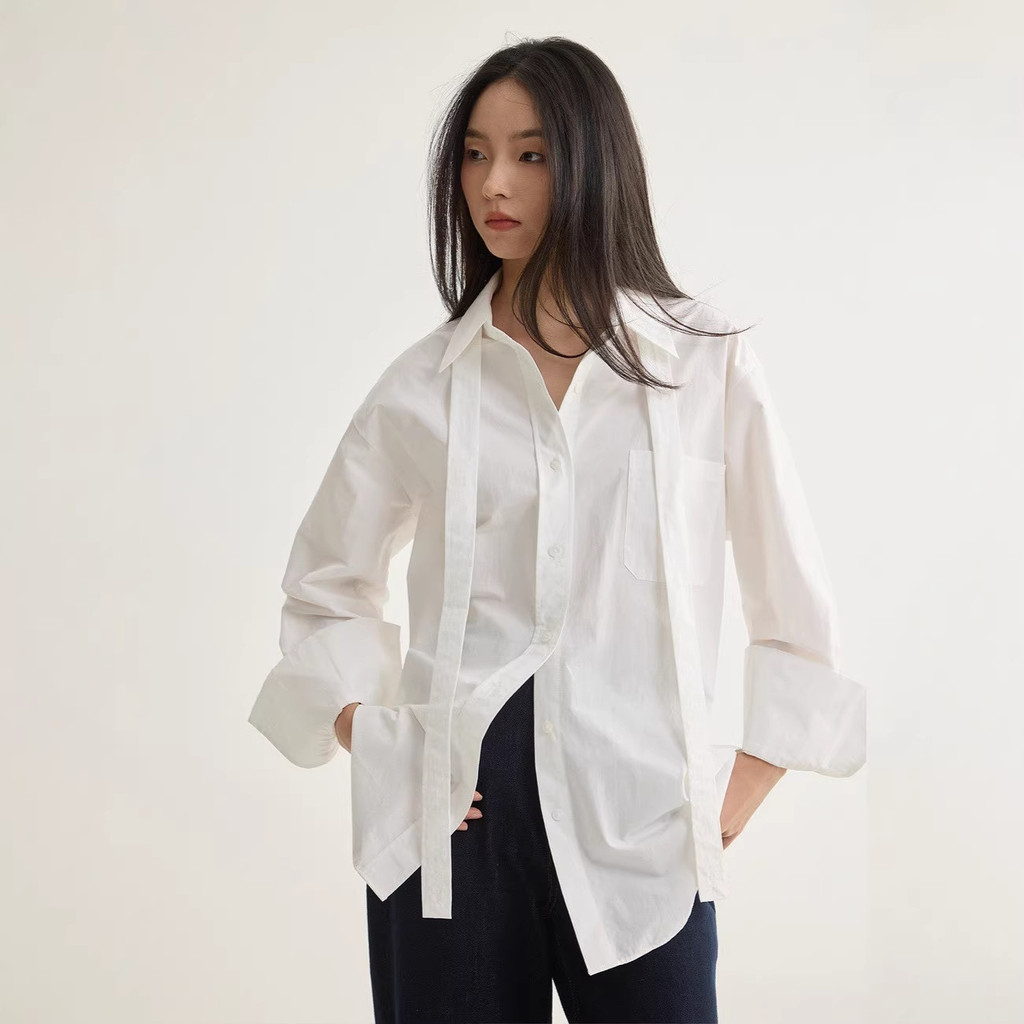 Texture100Long-sleeved women's loose-fitting casual shirt made of long-staple cotton with ribbons
