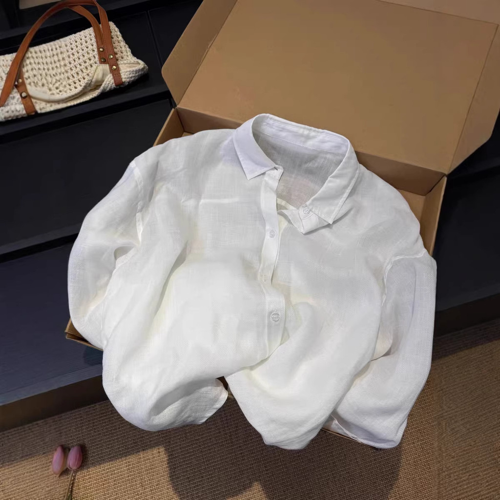 Casual white ramie shirt for women, long-sleeved, loose-fitting, sun-protective linen cardigan jacket, relaxed style top