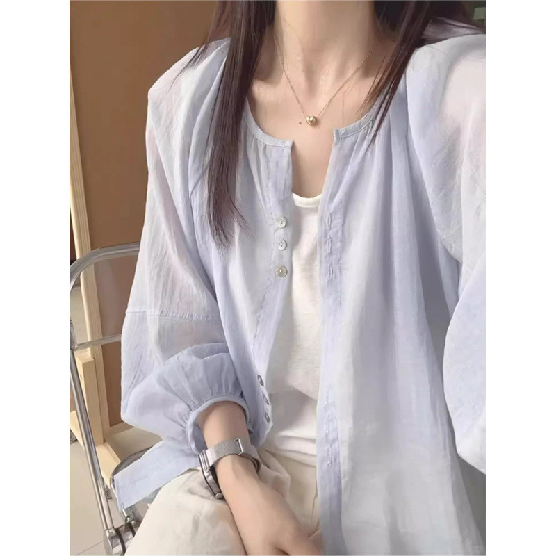 Women's thin summer shirt jacket, sun-protective light cardigan, loose long-sleeved cotton shirt top, short style