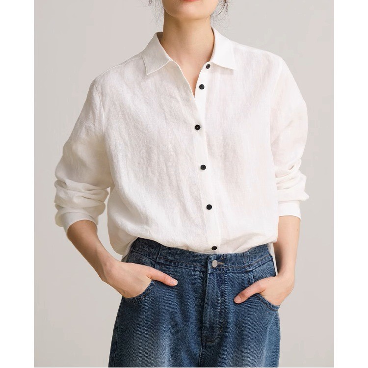 Linen minimalist shirt, white long-sleeved thin blouse, women's summer artistic sun protection shirt