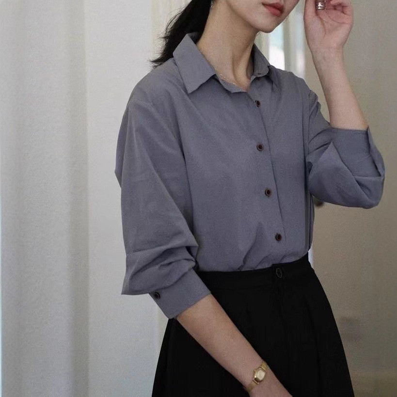 Classic Morandi color two-tone women's shirt for autumn, vintage commuter style, elegant long-sleeved shirt