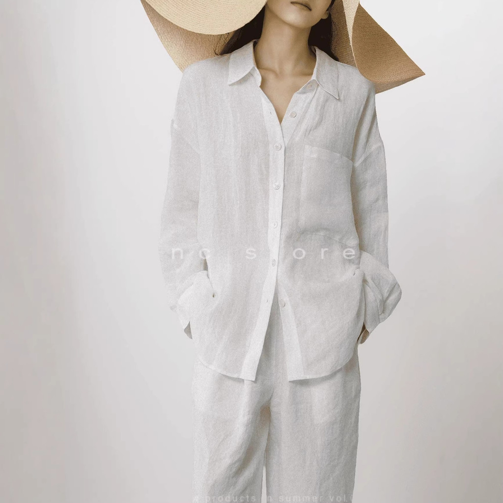 White women's shirt2026New long-sleeved casual linen shirt top