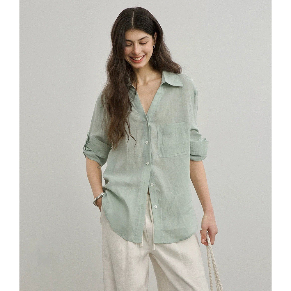 Relaxed, casual, comfortable V Ramie shirt with a collar, loose and simple, sun-protective long-sleeved shirt