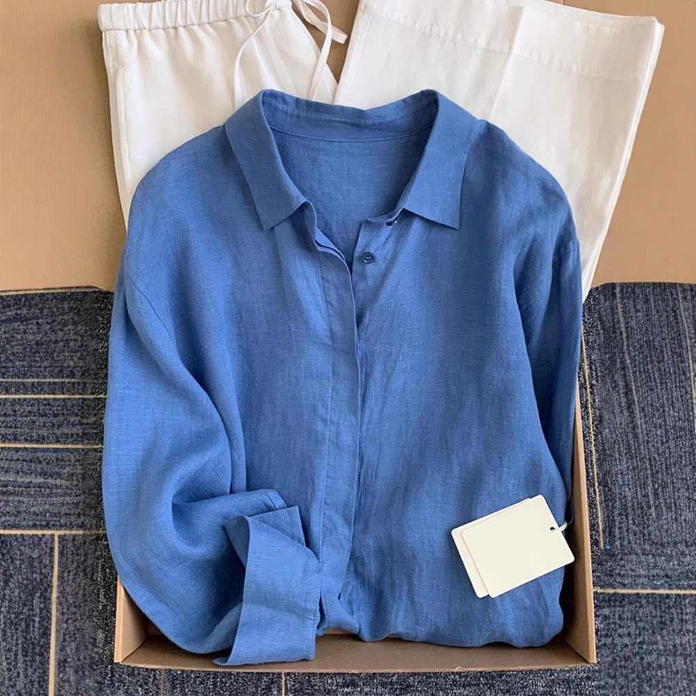 Blue linen shirt for women, summer thin loose-fitting old money style linen shirt, long-sleeved sun-protective cotton-li