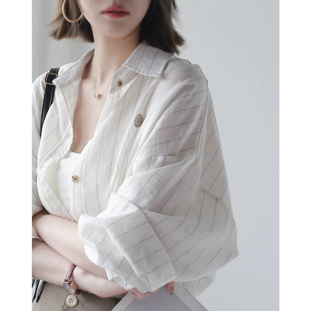 2025Spring and summer loose-fitting thin sun-protective shirt, striped cotton-linen long-sleeved shirt, mid-length vinta