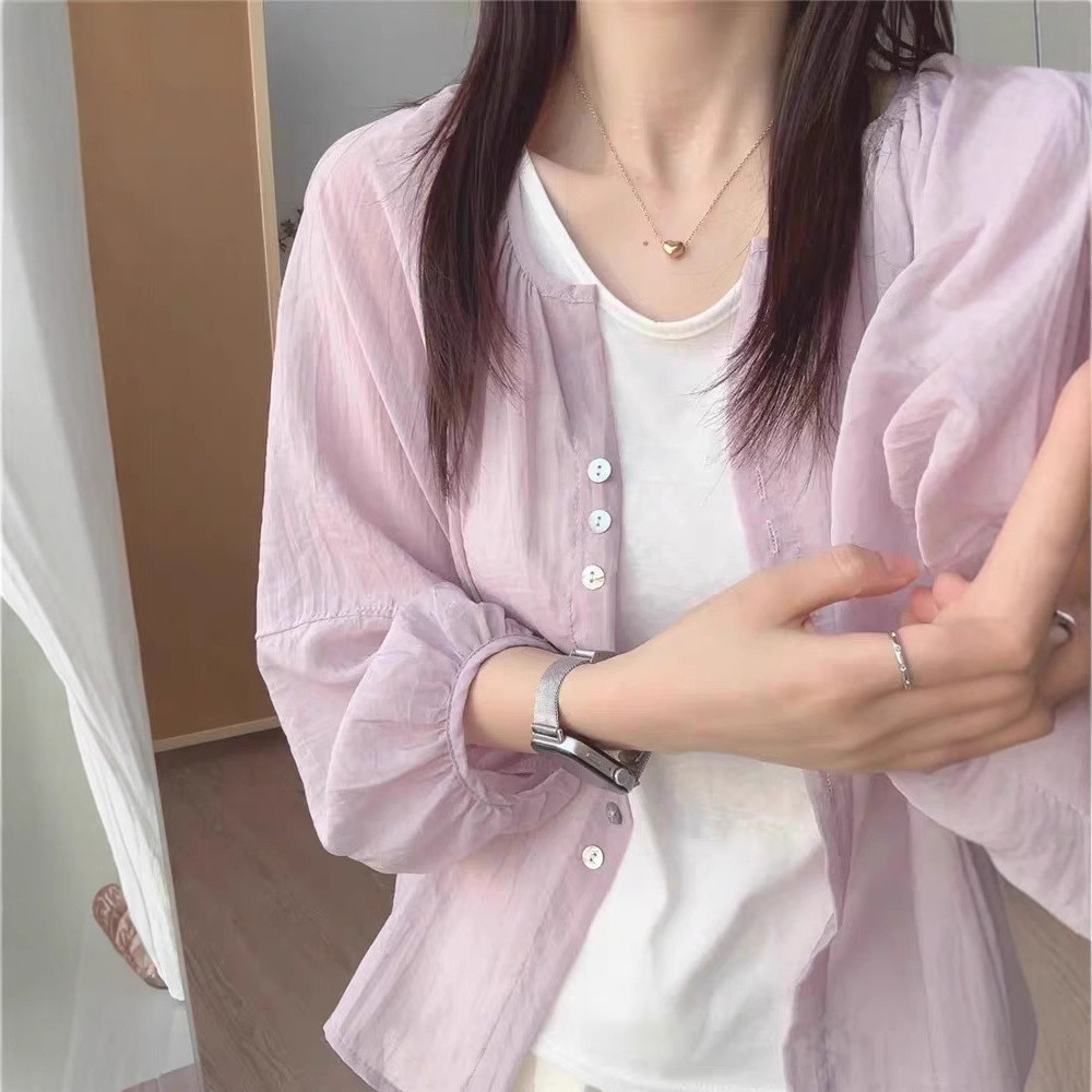 Linen sun protection shirt jacket for women, thin summer cardigan, loose long-sleeved shirt, short top