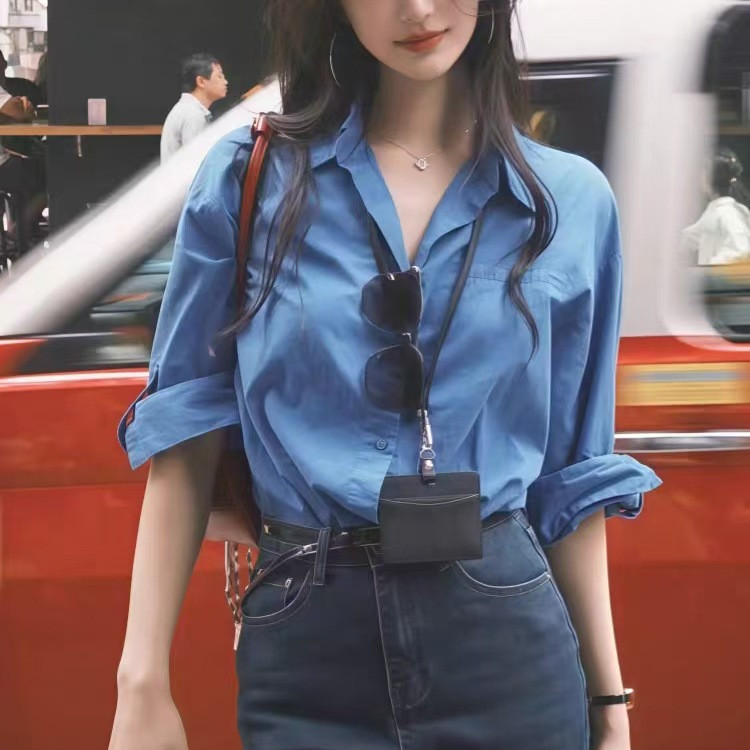 Blue polo Women's long-sleeved collared shirt2025New Spring and Autumn High-End Loose Slimming Lightweight Sunscreen Shi