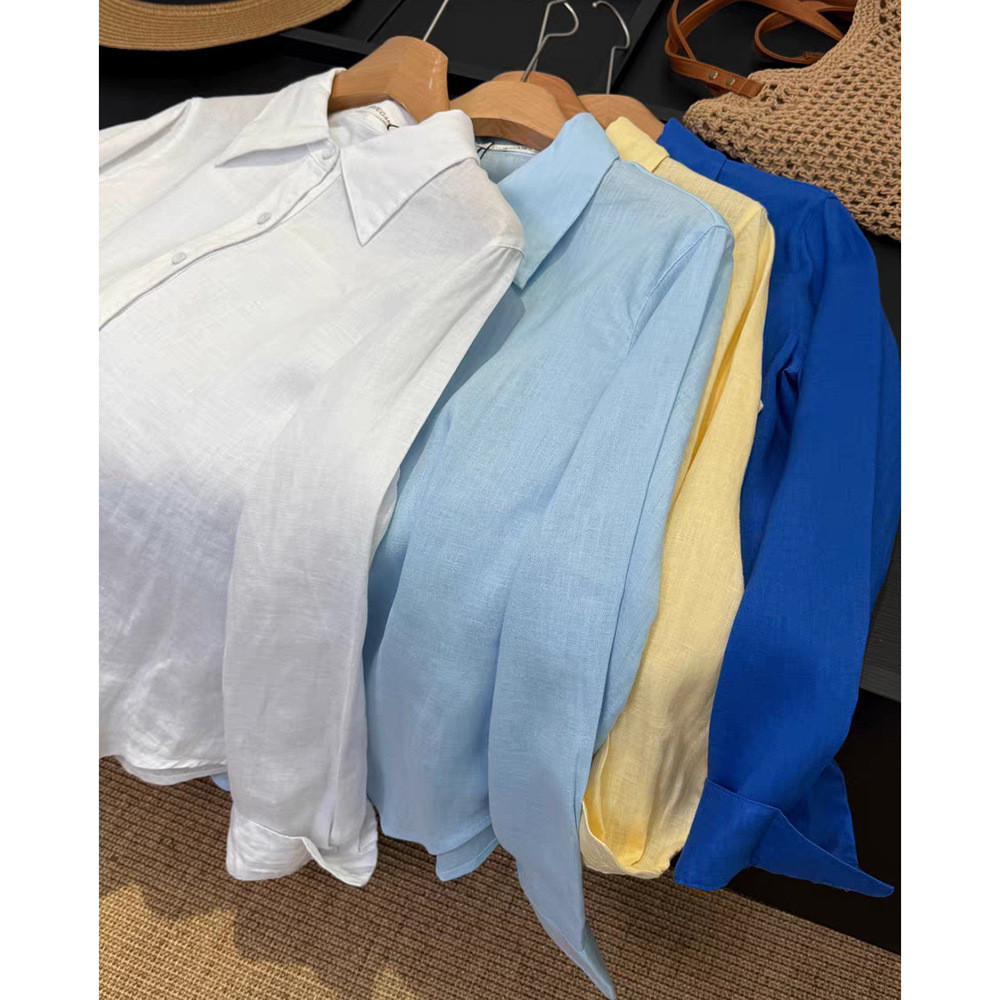 Women's long-sleeved loose linen shirt, sun-protective, old money style, turn-down collar, casual, high-end, breathable