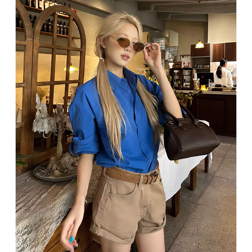 Klein blue long-sleeved shirt for women, spring shirt with a stylish design