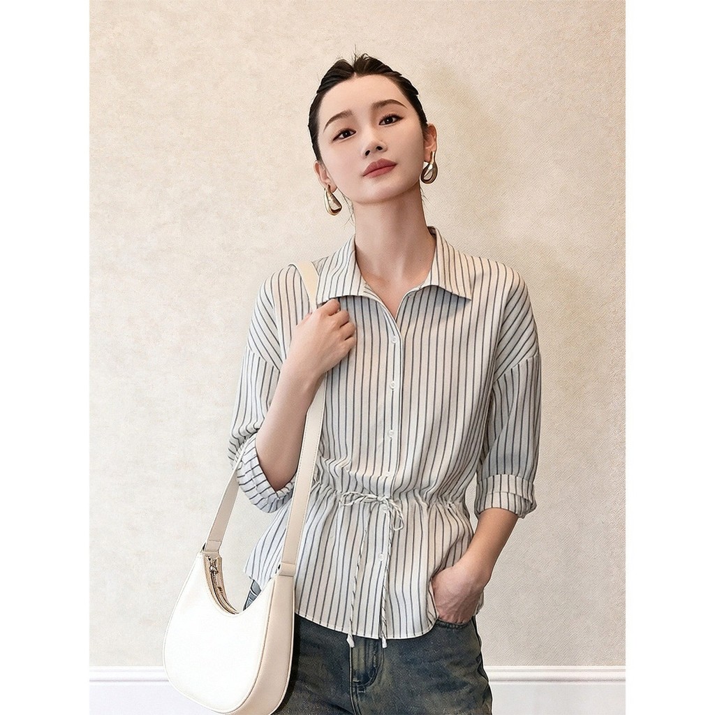 Spring and summer new striped shirt for women, long-sleeved, drawstring waist, slimming, suitable for commuting, stylish