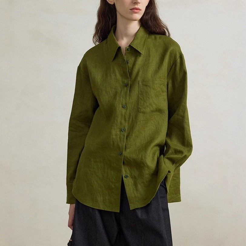 Linen green loose-fitting women's shirt, early autumn style, suitable for both inner and outer wear, long-sleeved shirt