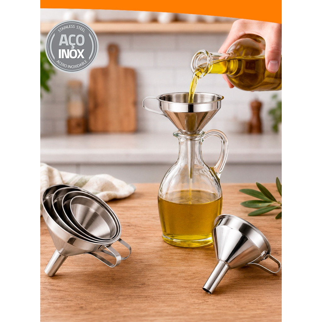 Conjunto até 5 Funil de Aço Inox Multiuso Automotivo Cozinha Azeite 13cm Com Alça