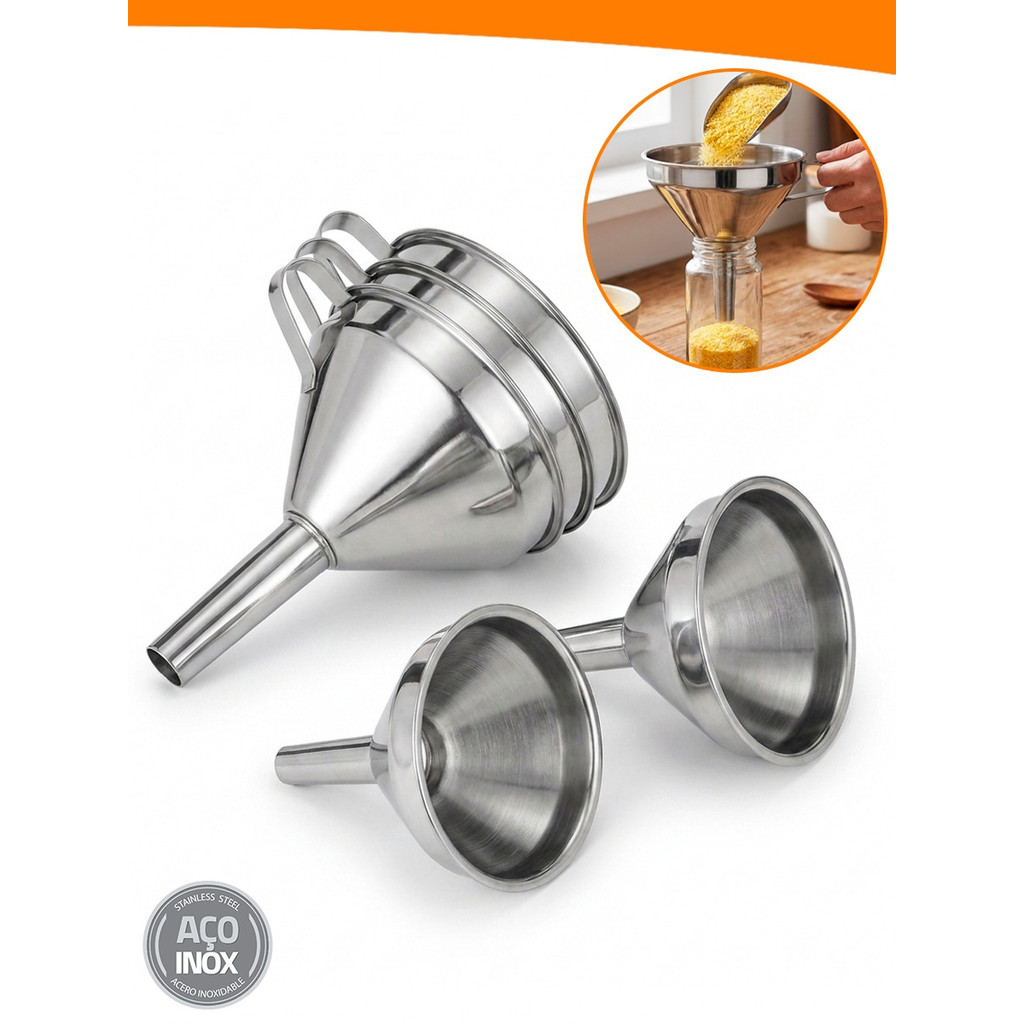 Conjunto até 5 Funil de Aço Inox Multiuso 15cm Automotivo Cozinha Azeite Com Alça