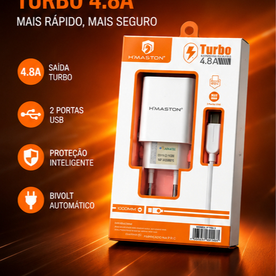 Carregador Hmaston Y60 Turbo Carregamento Rápido USB Fonte 5V 2.4A com Cabo USB para Android Smartphone Celular