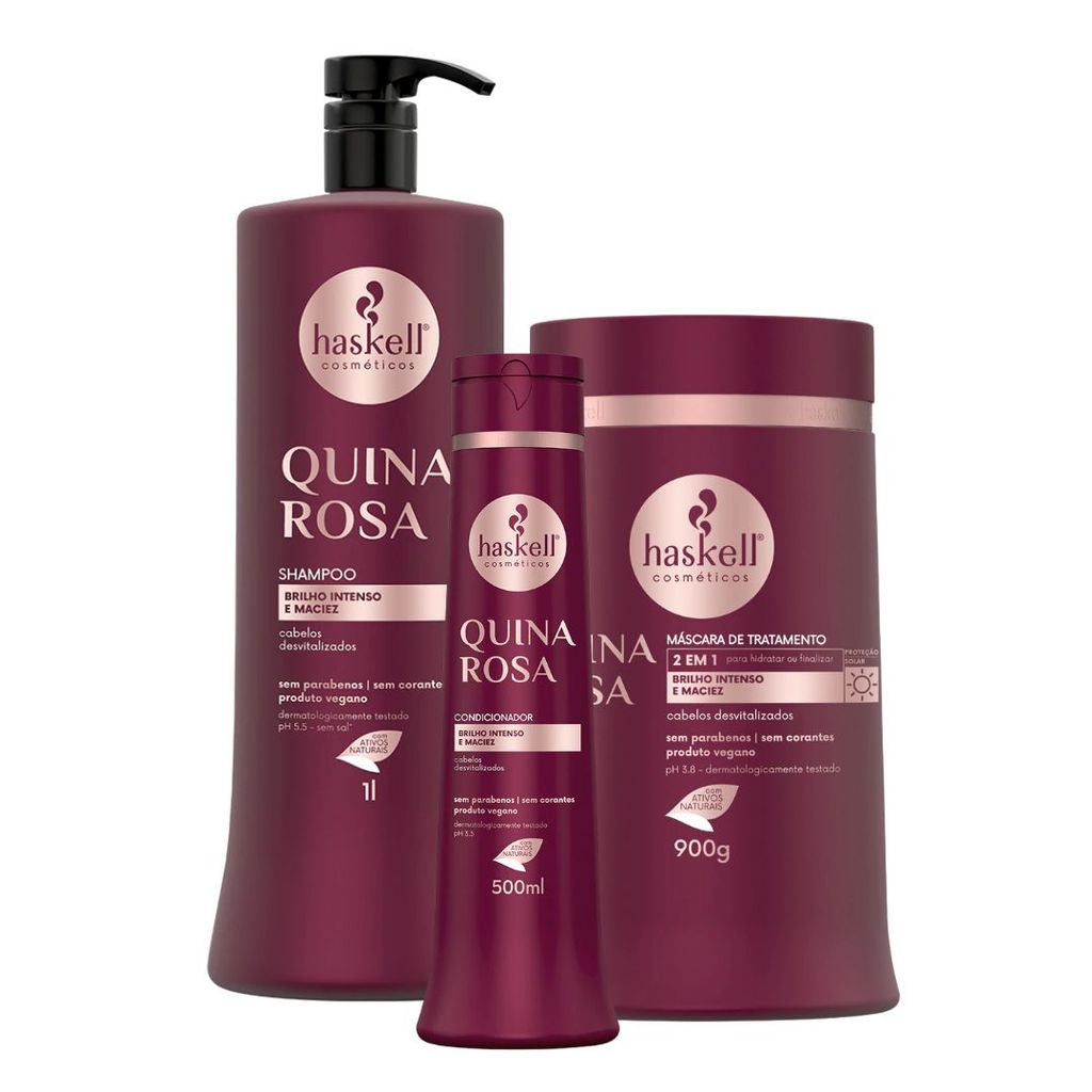 Kit Haskell Quina Rosa Mais Brilho Completo – Shampoo 1L + Condicionador 500ml + Máscara 900g