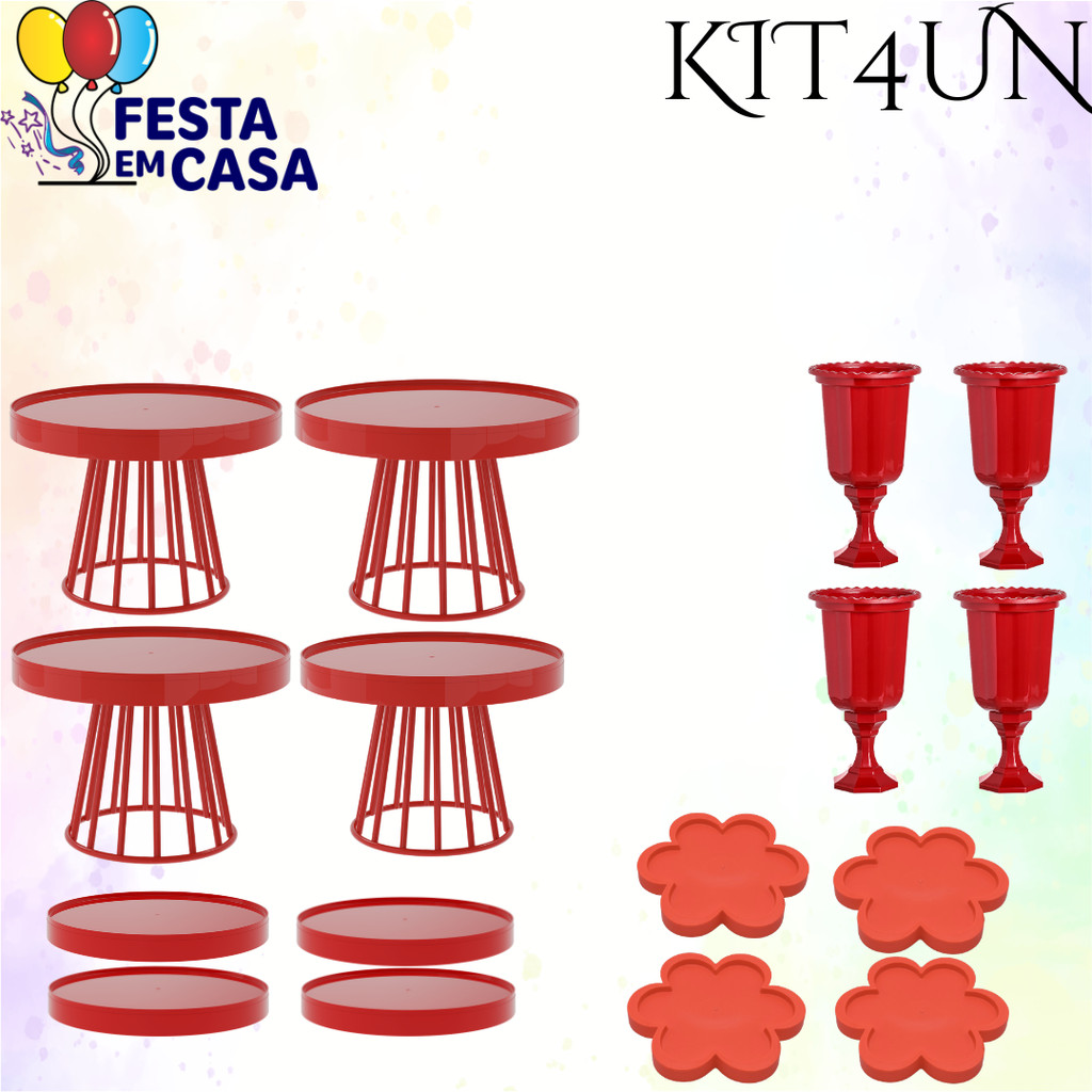 Kit Completo para sua festa (4 Boleiras Roma MAIS 4 Bandejas Floratta MAIS 4 Vasos Grego MAIS 4 Solene)