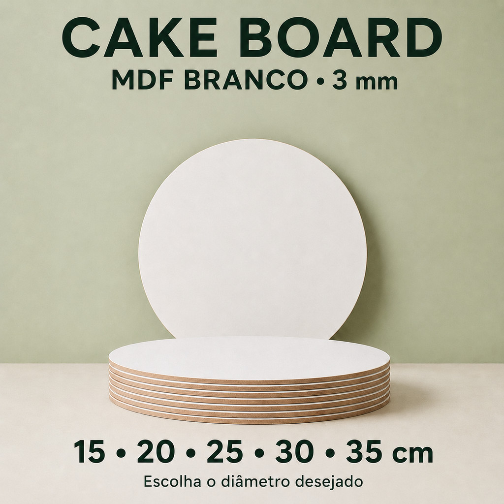 Kit 10 Cake Board MDF Branco 3mm Base Redonda para Bolo 15 20 25 30 35cm