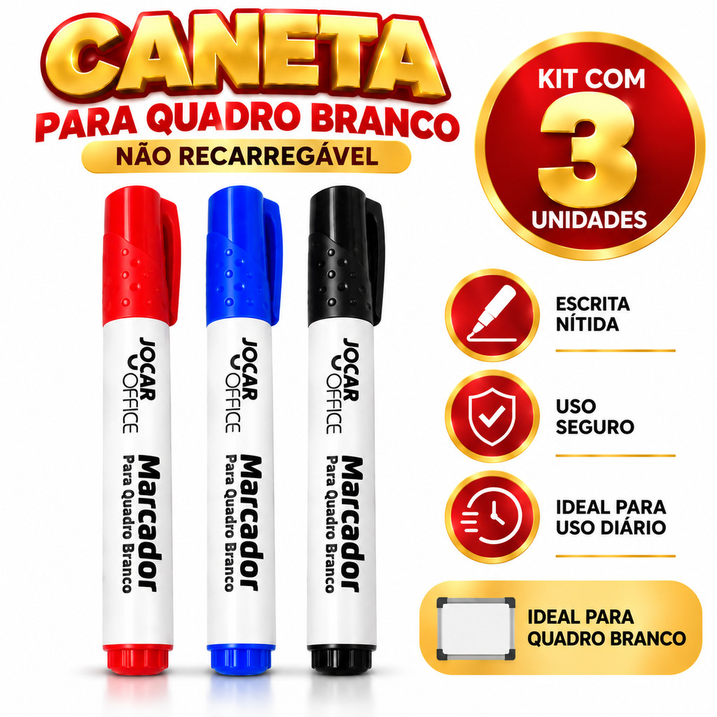 Kit 3 Pincel Marcador Para Quadro Branco Jocar Office Preto Vermelho Não Recarregável Ponta Redonda Traço 2-3mm