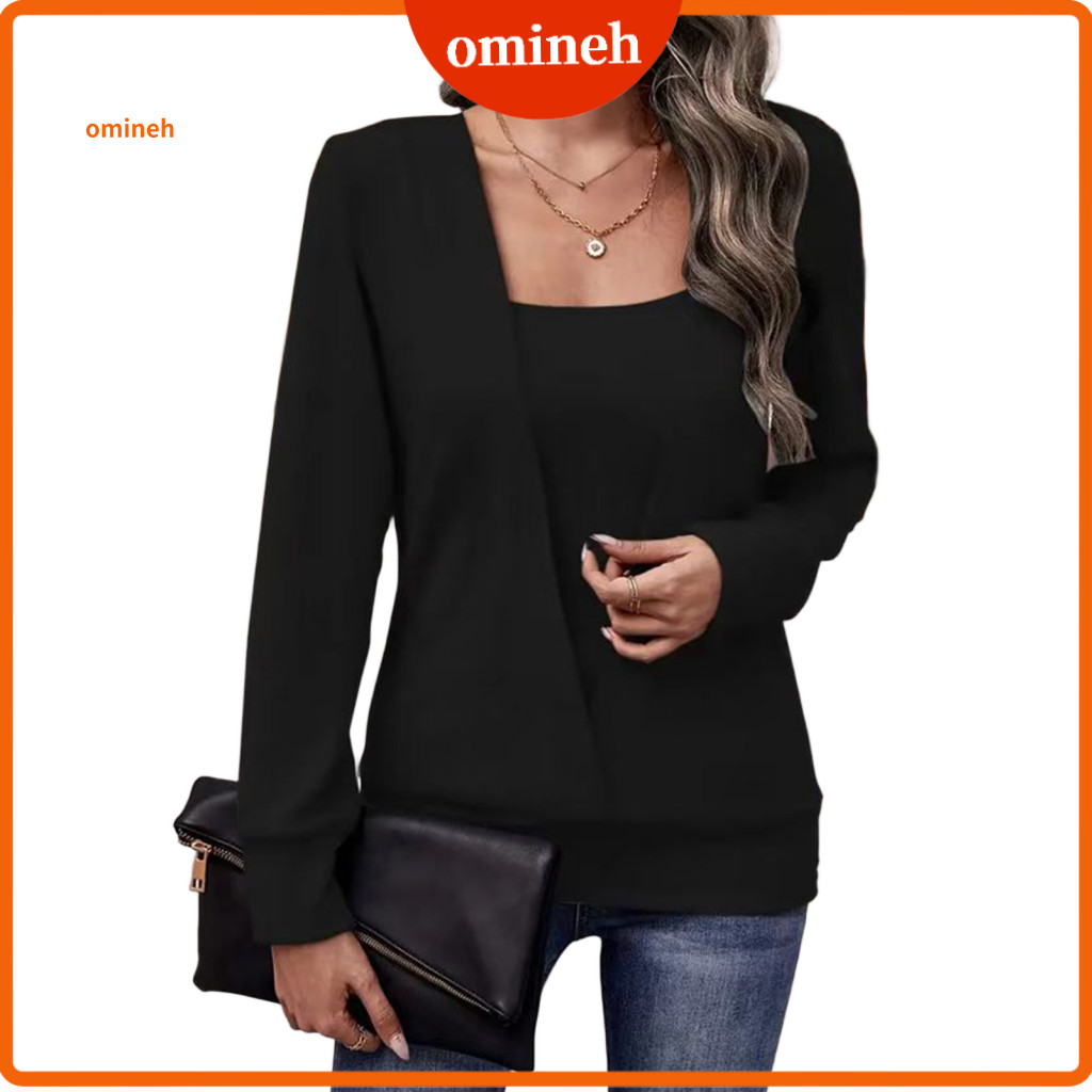 Simple Blouse Women Autumn Women’s Square Collar Long Sleeve Fake Two-piece Pullover Top Solid Color Loose Fit T-shirt