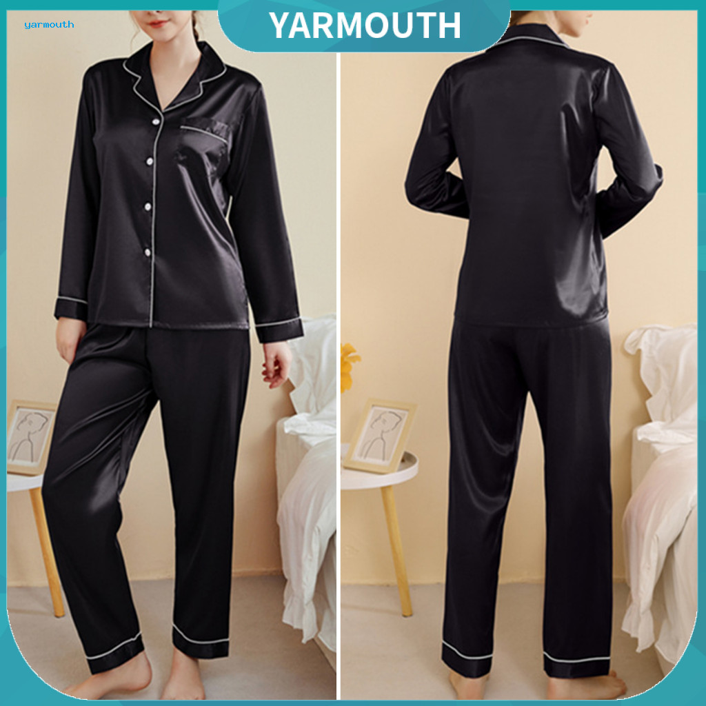 Two-piece Pajama Set Women Satin 2 Pcs Sleepwear V Neck Cardigan Shirt Wide Leg Loose Trousers Nightwear Solid Color Com