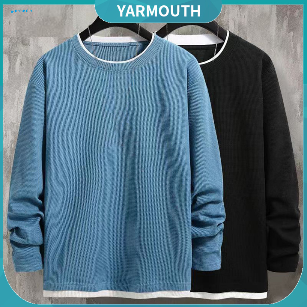 Patchwork Color Men Sweatshirt Fake Two Pieces Pullover Tops Men's Casual Round Neck Long Sleeve Waffle Texture Loose Fi