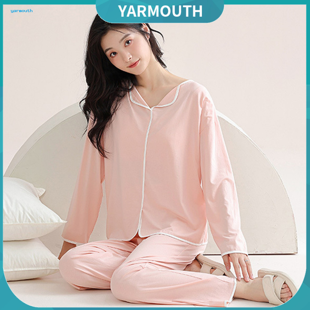Women Pajama Set Two-piece Pajamas 2 Pcs with Chest Pads Long Sleeve Loose Solid Color Top Elastic Waist Wide Leg Pants