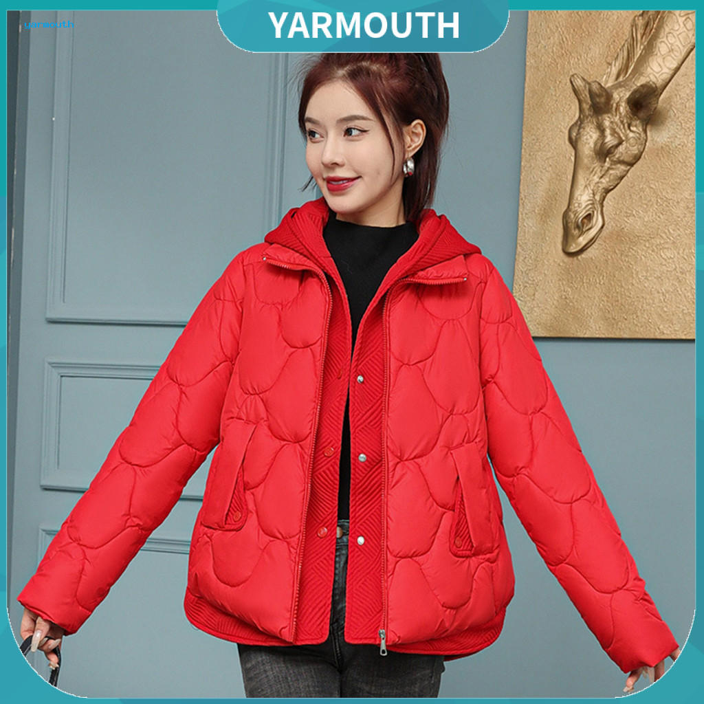 Women Cotton Jacket Fake Two-piece Solid Color Women’s Winter Coat Padded Hooded with Zipper Button Closure Style Down