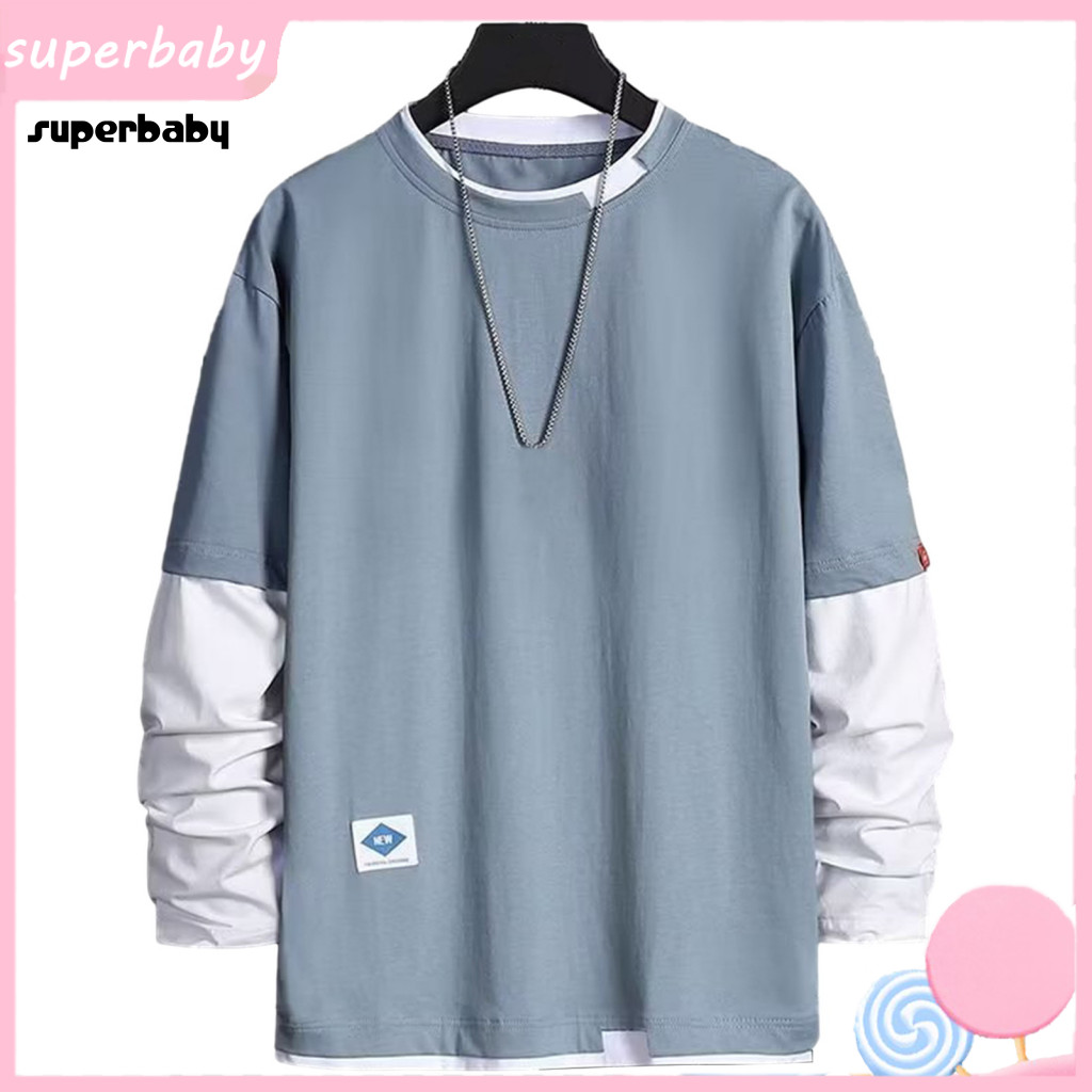 Loose Fit T-shirt Fake Two-piece Sweatshirt Men's Fall Winter Pullover Patchwork Color Block Round Neck Long Sleeve Casu