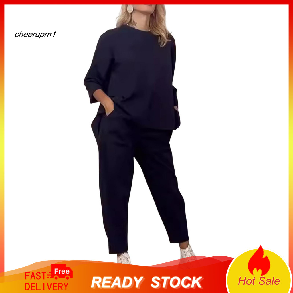 Women Two-piece Suit Solid Color 2 Pcs Sweatshirt and Pants Set – Round Neck Long Sleeve Top with Elastic Waist Wide L