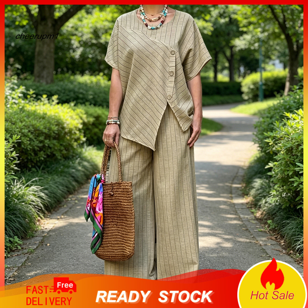 Women Two-piece Suit Solid Color Set Women’s Summer 2-piece Lounge – Striped Short Sleeve Crew Neck Top Long Pants w