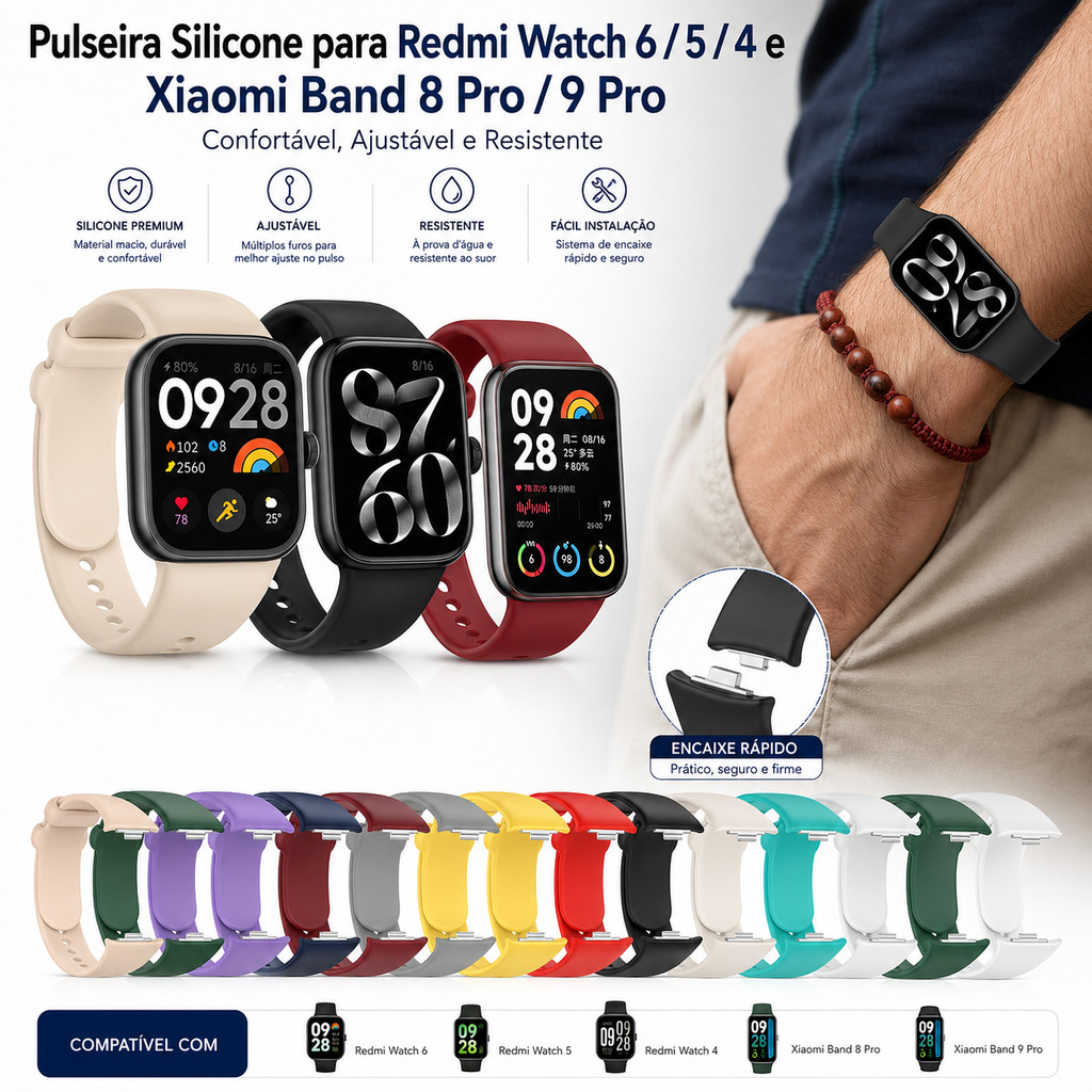 Pulseira de Silicone para Redmi Watch 4 5 6 e Xiaomi Smart Band 8 Pro 9 Pro Ajustável Confortável Resistente