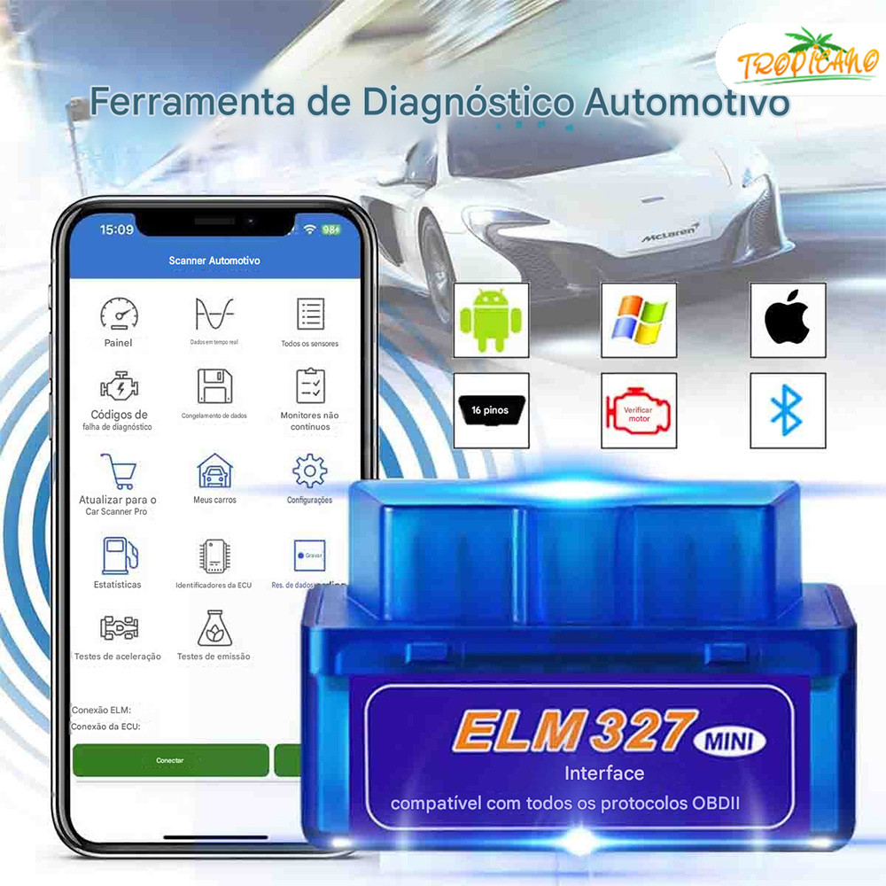 Kit Scanner OBD2 Bluetooth ELM327 para Carros – Mini Diagnóstico para Android e iOS