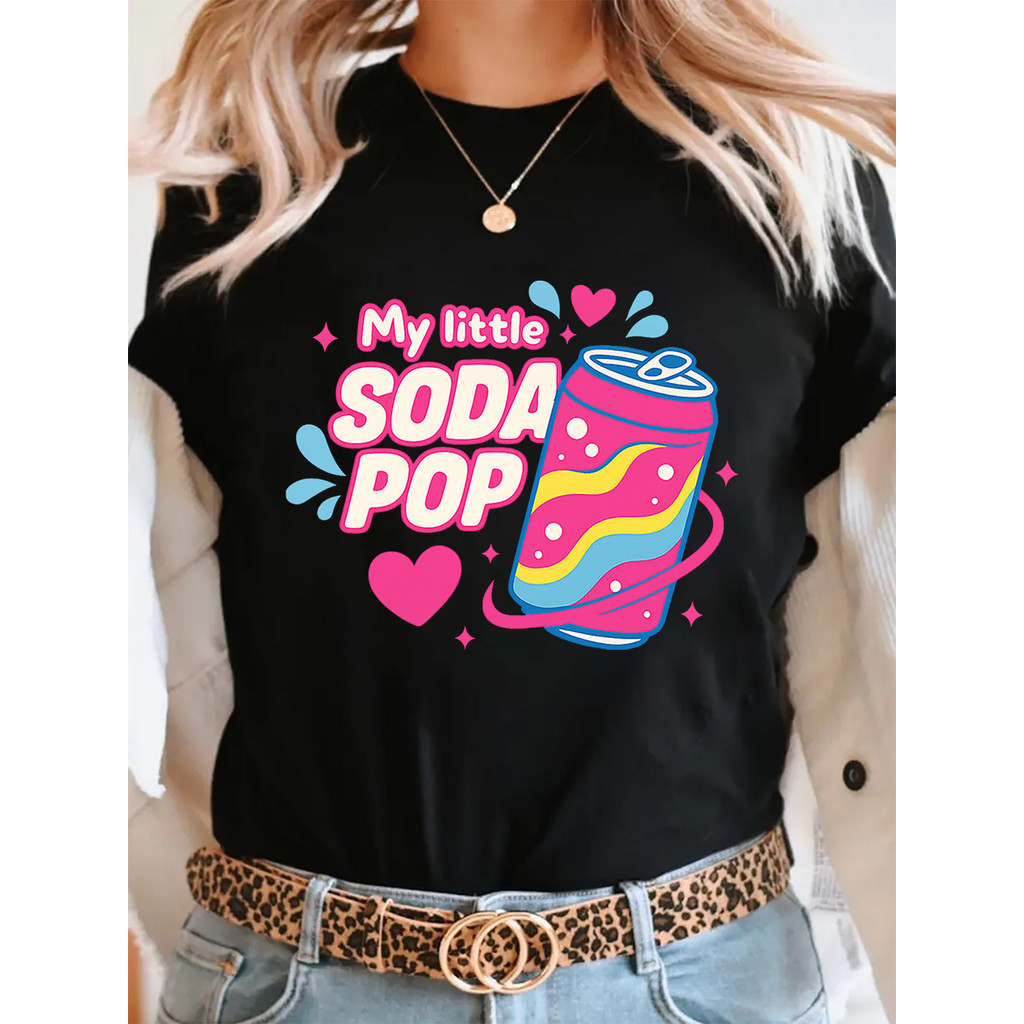 Camiseta Feminina Plus Size My Little SODA POP Print Lata Refrigerante Divertida Fofa Confortável Verão