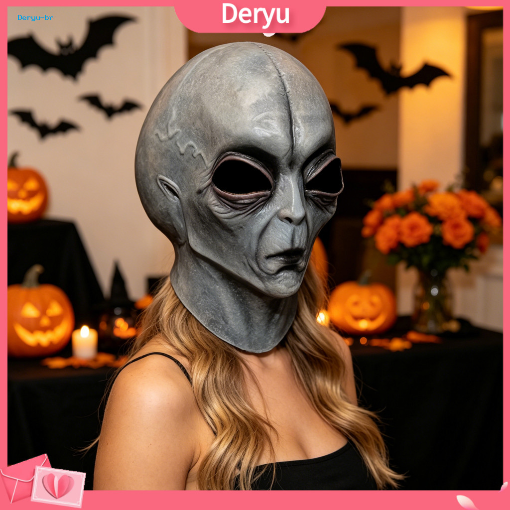 Sci-fi Gray Alien Costume Halloween Mask Full Head Latex Ufo Cosplay Big Eyes Soft Party Prop for Adults Trick or Treat