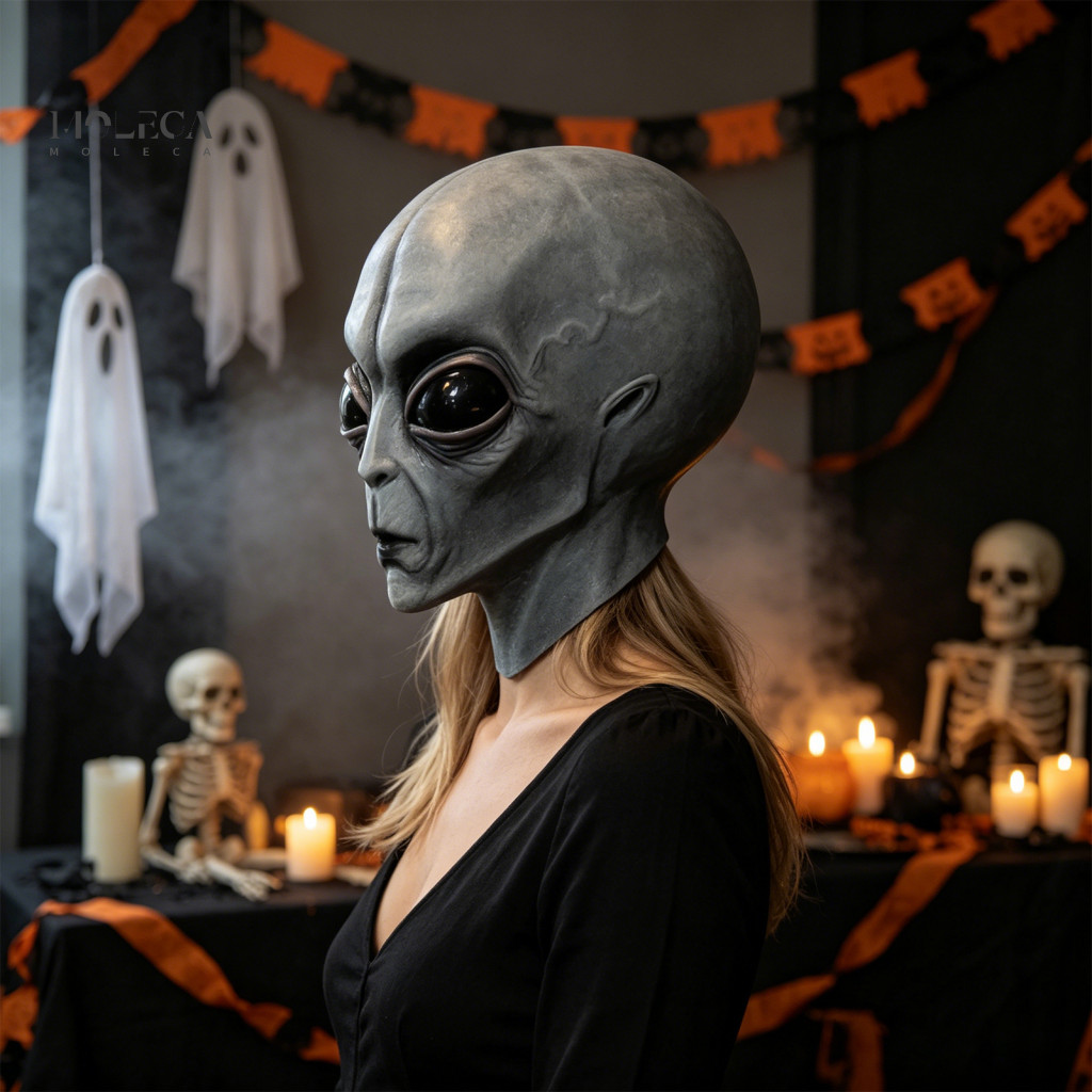 Alien Halloween Mask Sci-fi Gray Costume Full Head Latex Ufo Big Eyes Party Prop for Adults Trick or Treat Cosplay South