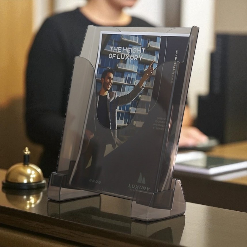 Porta Folhas A4 Folhetos Expositor Plus Maxcril Fumê Avisos Display Mesa Organizador Balcão Recepção