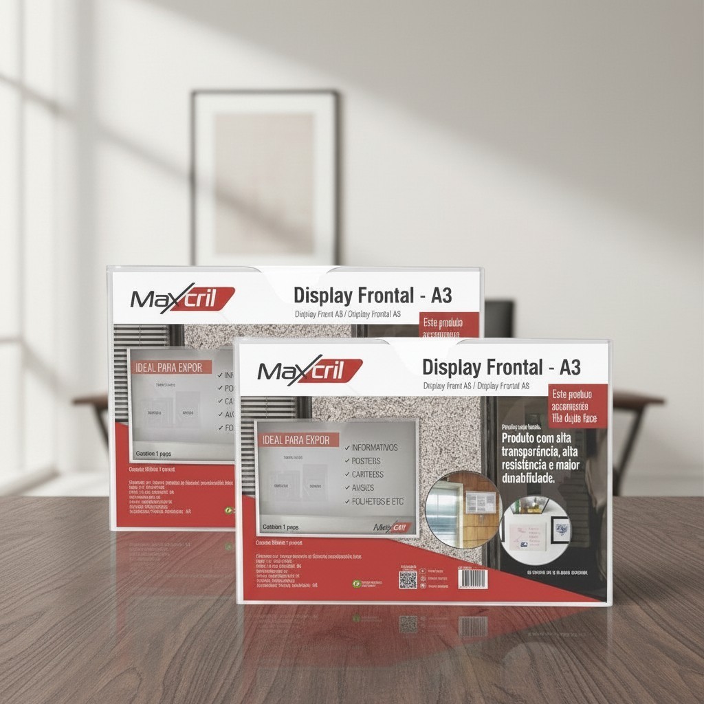 Display acrilico porta folhas A3 Maxcril Frontal sem fundo KIT 02 unidades com dupla face parede