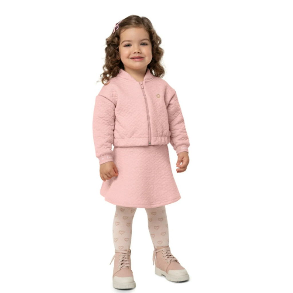 CONJUNTO MENINA JAQUETA E SHORTS SAIA EM MALHA METALASSÊ - CARINHOSO ROSA